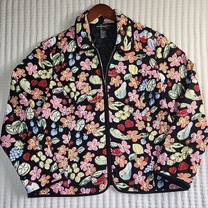 REQUIREMENTS Womens L Quilted Full Zip-Up Jacket Colorful Fruit/Flower Whimsical